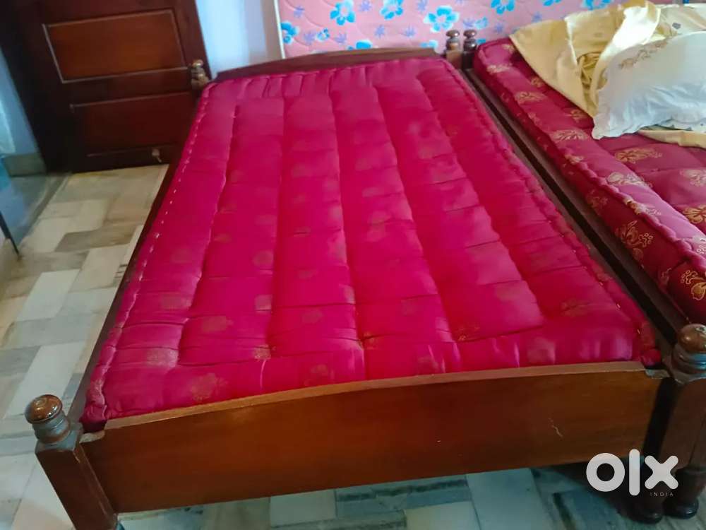 Two mahagony cots with mattress, 5 wooden stools, one steel