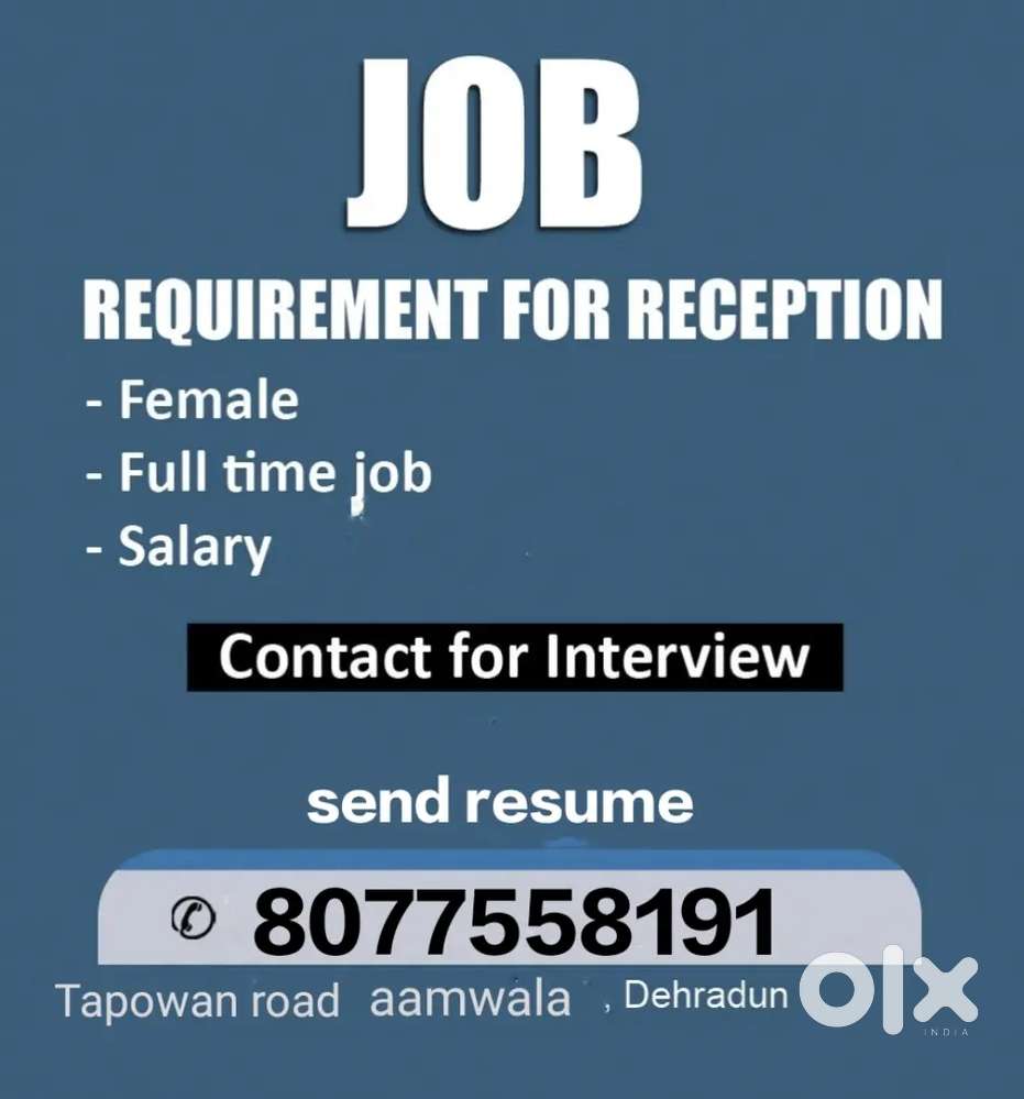 urgent hiring receptionist fresher also join gud communication skill
