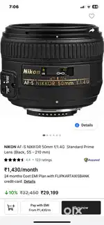 NIKON AF-S NIKKOR 50mm f/1.4G Standard Prime Lens (Black, 55 - 210 mm)