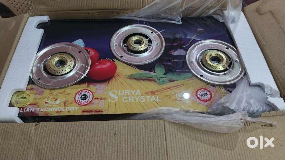 Surya 3 burner glass top gas stove automatic new pcs
