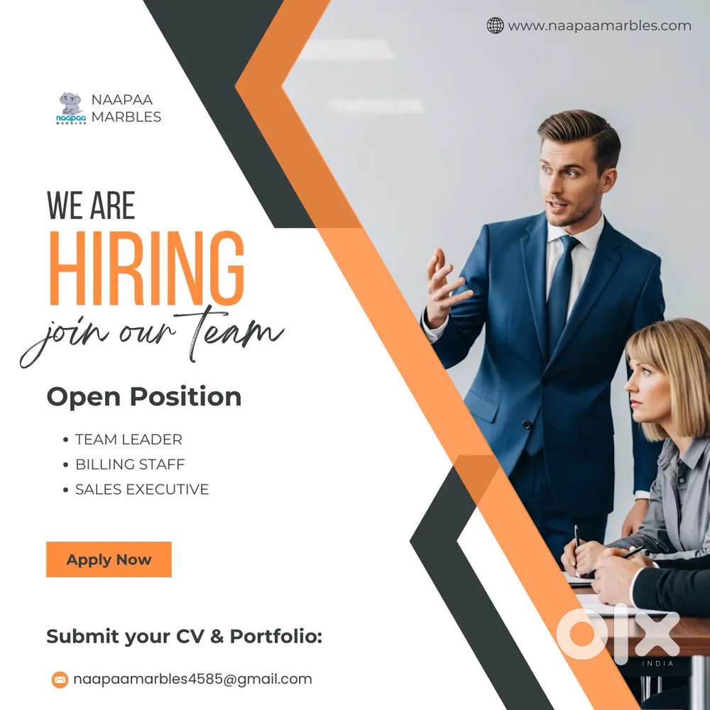 New job opportunities Team leader, Sales executive, Billing staff