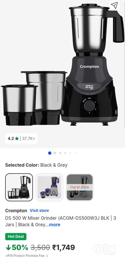 New Crompton 500w mixer grinder 3 jar black not havells philips sujata