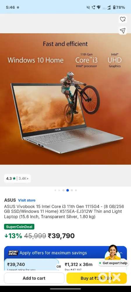 Asus Vivobook 15 intel core  i3 11 gen 1115 g4 8gb/256 gb