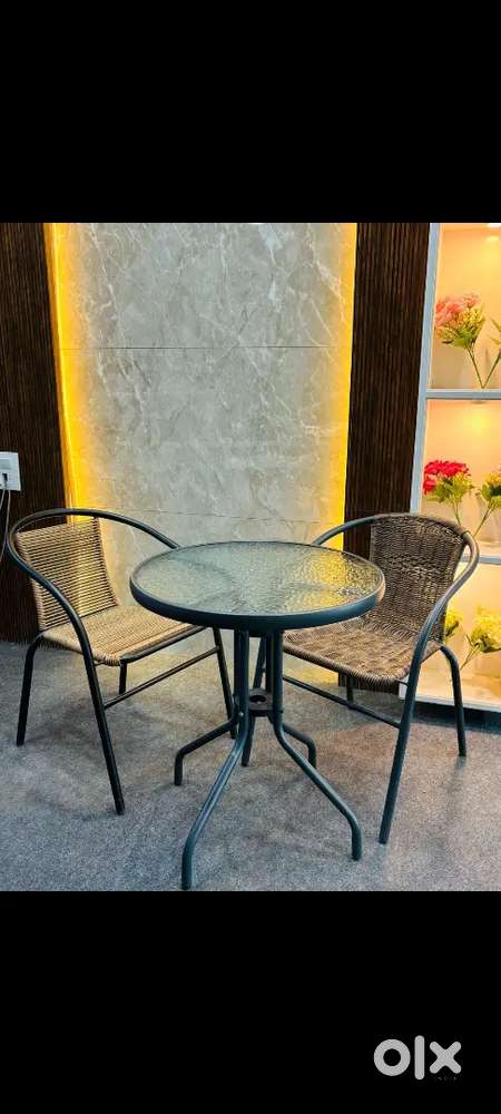 Brand new round glass center table and caine chair set for outdoor