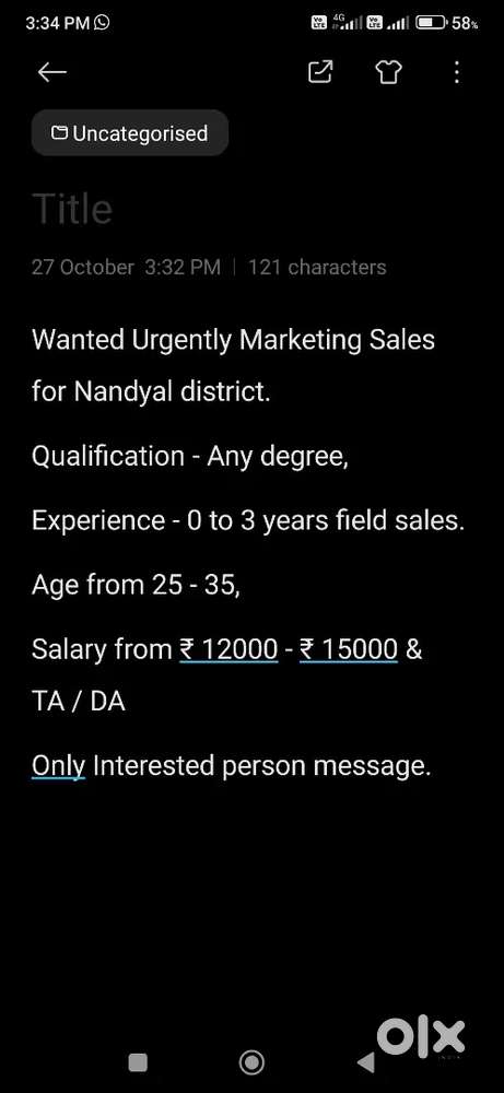 Wanted Urgent Sales Executive for Nandyal position.
