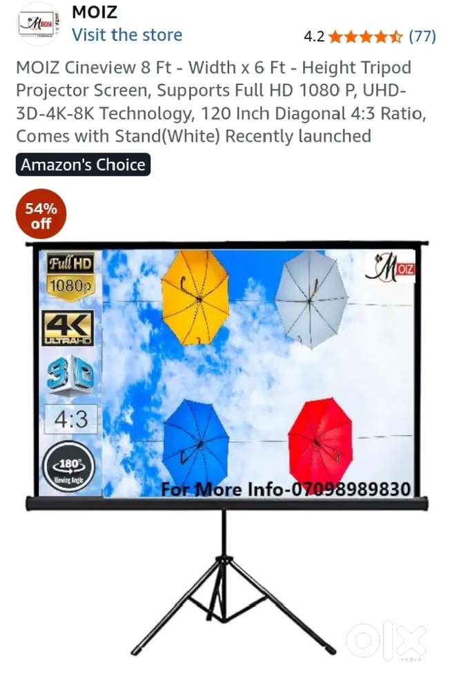 MOIZ Projector screen Full HD  3D-4K-8K Technology, Comes with Stand
