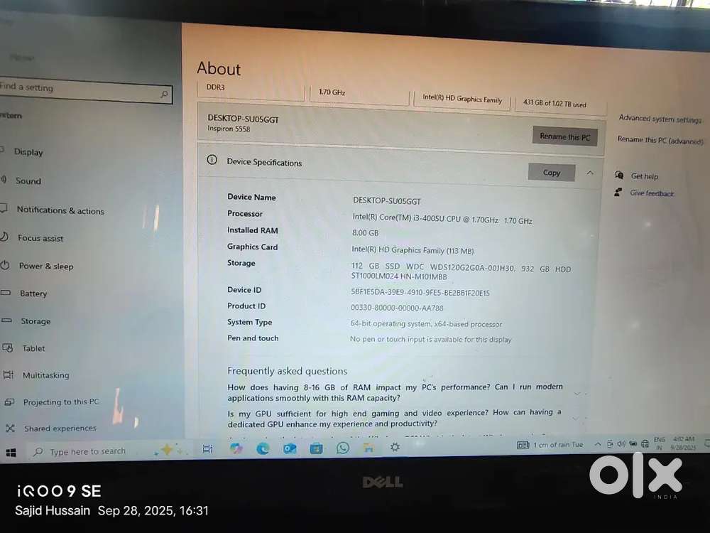 Dell Inspiron core i3 8gb ram 120gb ssd