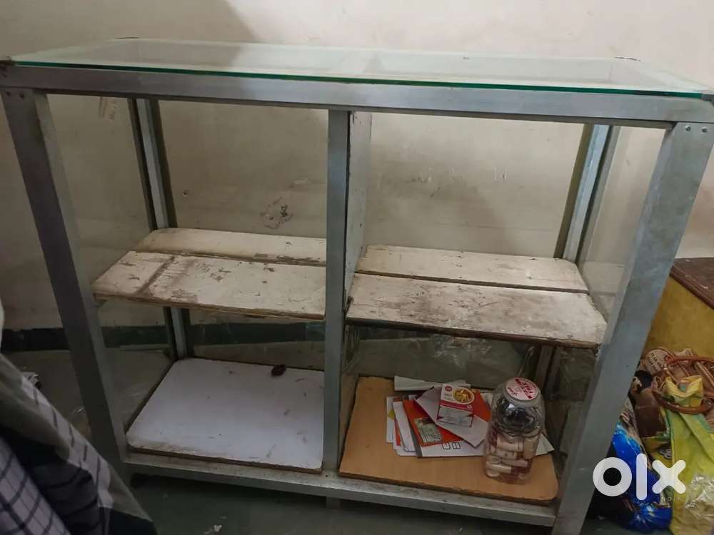 Used Metal Storage Rack with Glass Top & Wooden Shelves