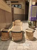 Bamboo long chair with two mudha stool set/ Iron stool frame/ planter