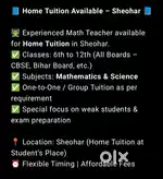 Experienced Math Teacher available for Home Tuition in Sheohar.
