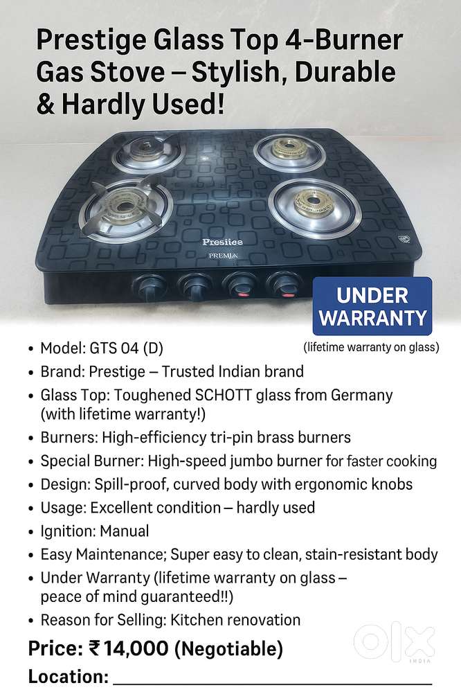 Prestige Premia 4-Burner Glass Top Gas Stove