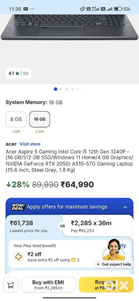 ACER ASPIRE 5 Core i5 12th Gen 12 Core /RTX-2050 4GB/16GB RAM/512GB/