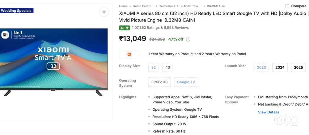 XIAOMI A series HD Ready LED Smart Google TV with Dolby Audio - 32”