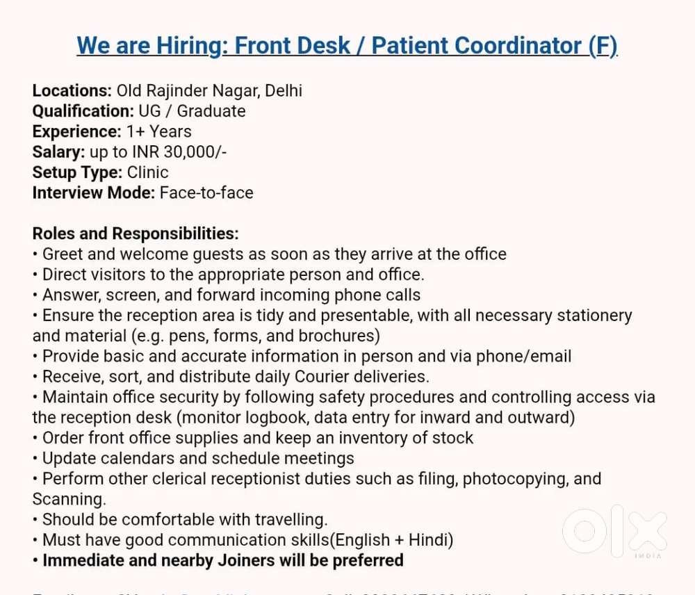 Front Desk Coordinator required for Clinic