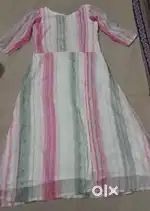 Women fit and flare pink& white color Frock full length dress