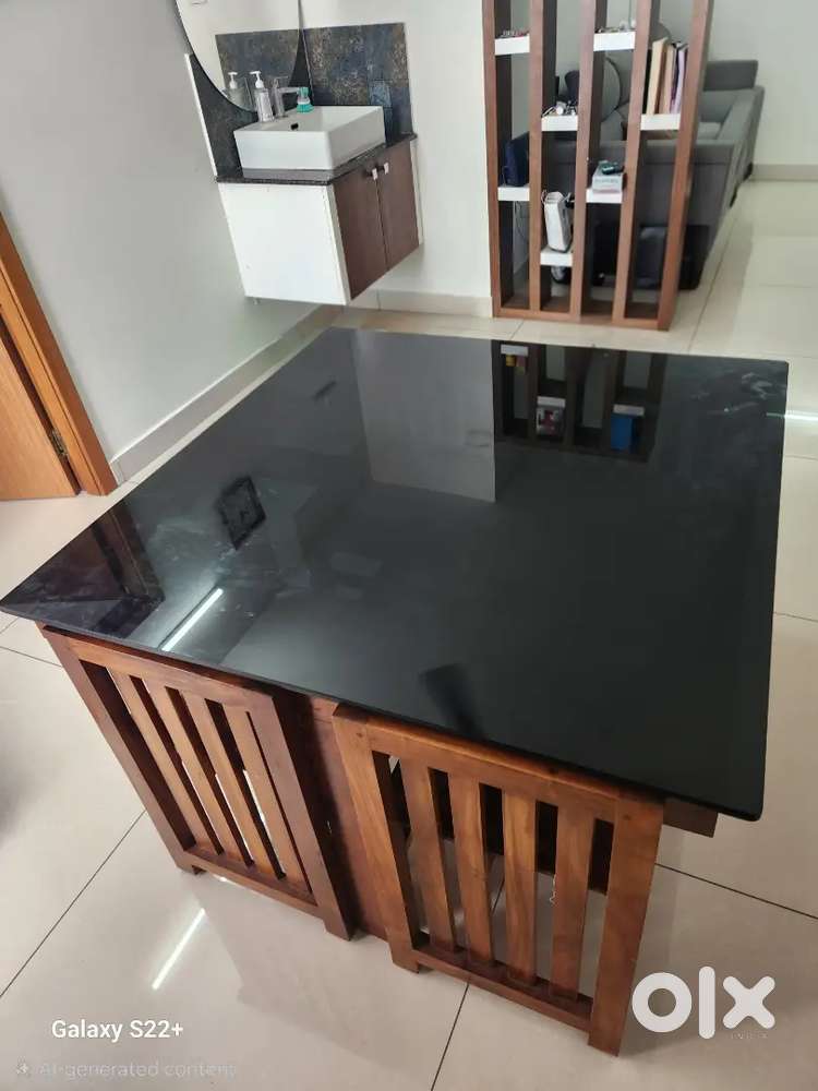 Solid Wood dining Table with Black Glass Top & 4 Chairs