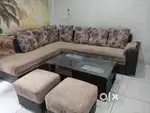 L shaped (7 seater) sofa set with table and 2 seat and 7 pillows