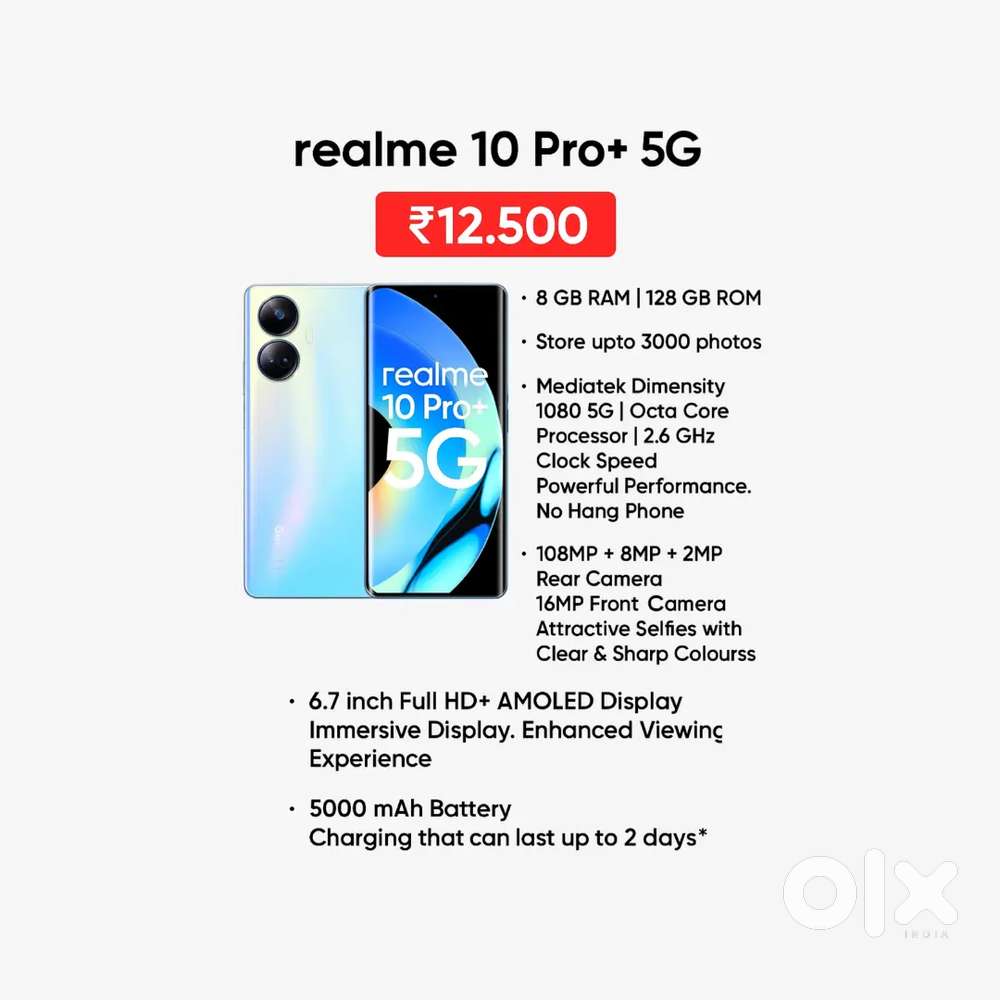 8 GB RAM 128 GB ROM 108MP + 8MP + 2MP Rear Camera 5000 mAh Battery