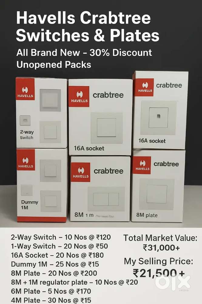 Havells Crabtree Switches & Plates – Brand New – 30% Discount