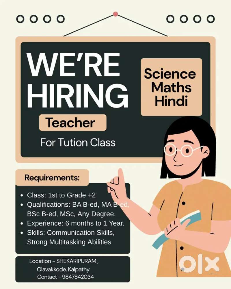 Wanted maths, science teacher for tuition centre