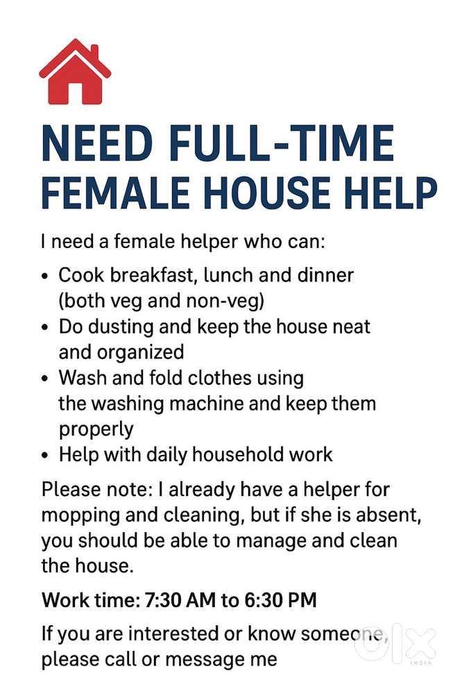  Need Full-Time Female House Help
