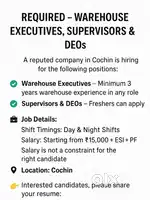 Warehouse executives Supervisors and DEOs required