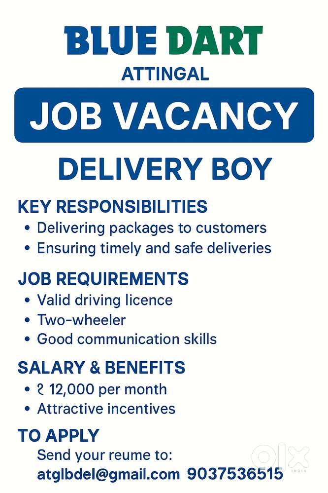 Delivery Boy Required for Blue Dart Courier (Attingal)