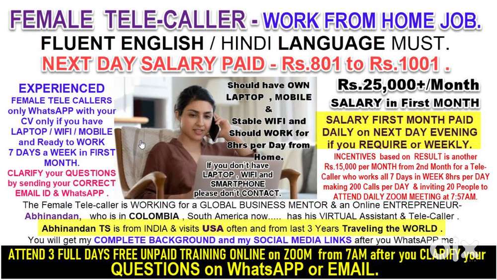 EXPERIENCED FEMALE TELE-CALLER to WORK FROM HOME - Rs.25,000+/MONTH &