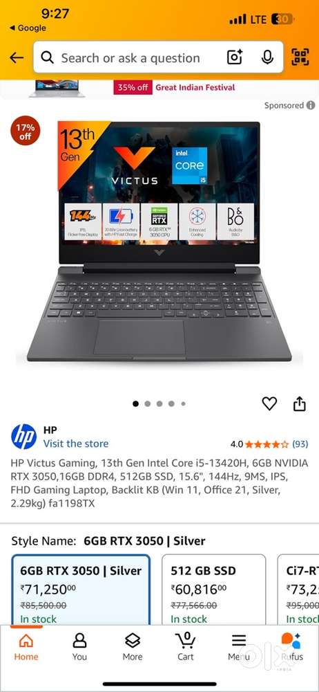 Hp i5 13 gen 6 gb graphic  1 mont old