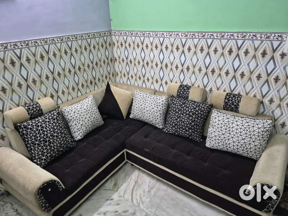 Modern L-Shaped Sofa Set (Black & Beige) - Excellent Condition