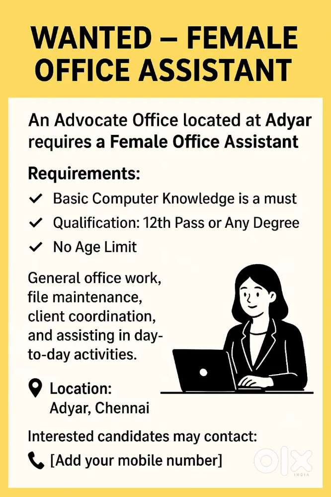 Need female office assistant for advocate office