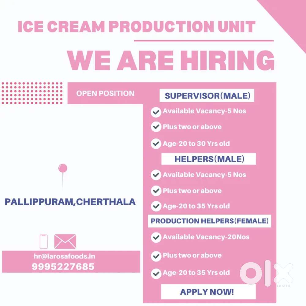 Supervisor (Male), Production Helper (Female) & Helper (Male)