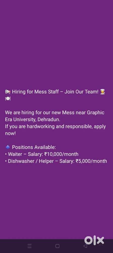 Hiring Indian cook, helper, waiter & dish washer near graphic era