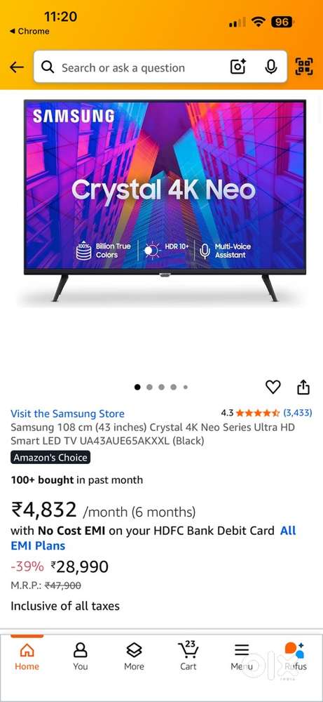 Samsung 43’ Crystal 4k Neo Ultra HD smart LED TV -Excellent Condition