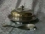 Antique pure brass solid heavy grilled serving cowl with spoon