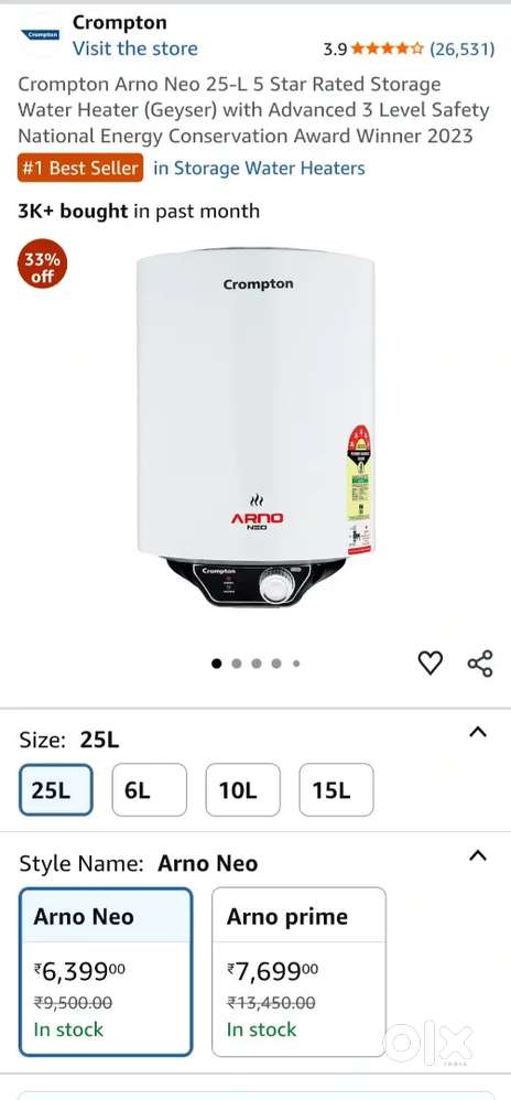 Brand New Crompton water Geyser 25Ltr