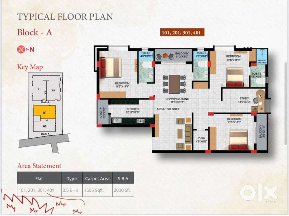 3.5 BHK semi furnish flat for rent.
