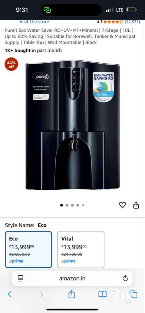 Brand New Pureit Eco Water Saver RO+UV+MF+Mineral 7-Stage 10L