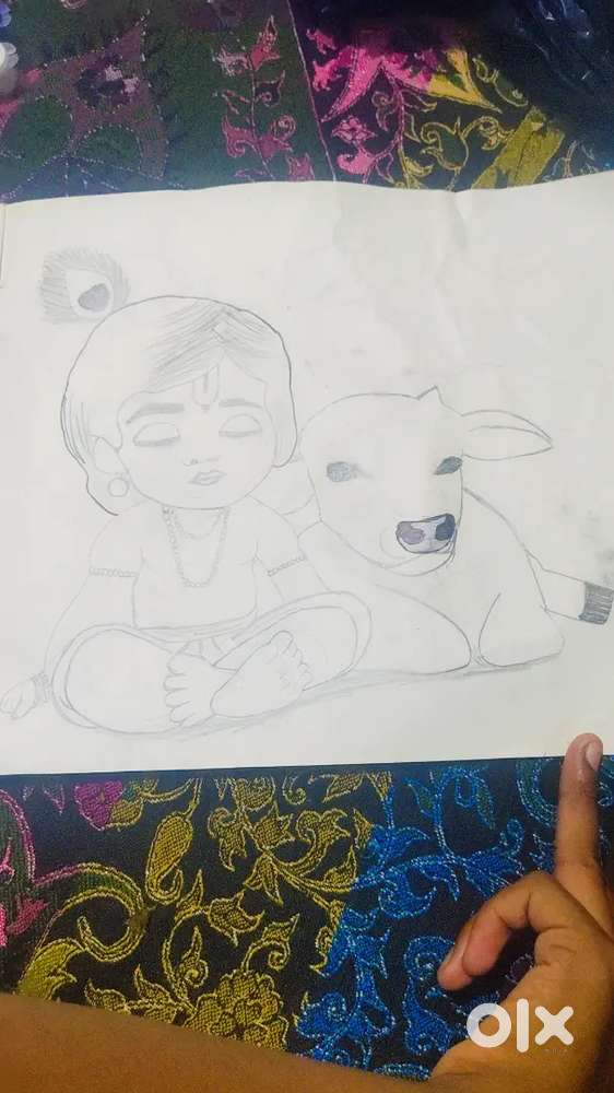 Krishna and cow drawing