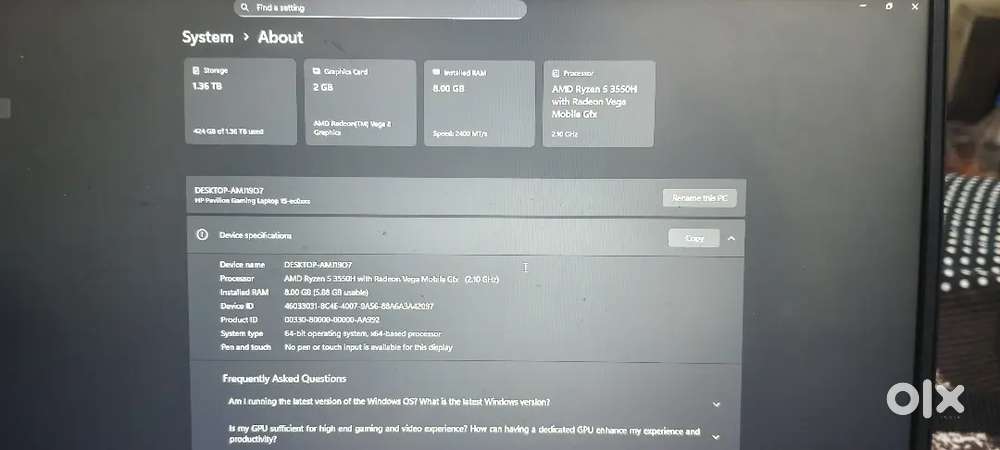 Gaming Laptop Ryzen 5 3550H  8GB RAM  512GB SSD  Great Condition