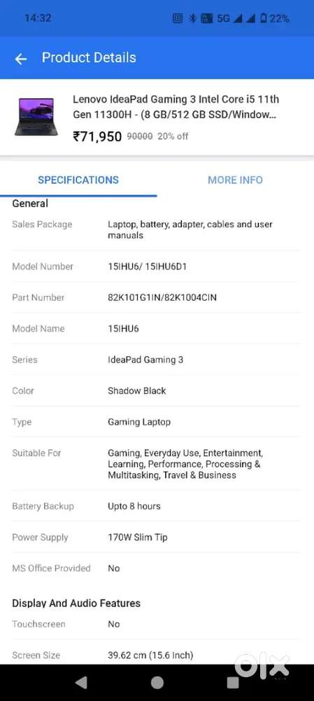 Lenovo IdeaPad Gaming 3 Intel Core i5 11th Gen 11300H