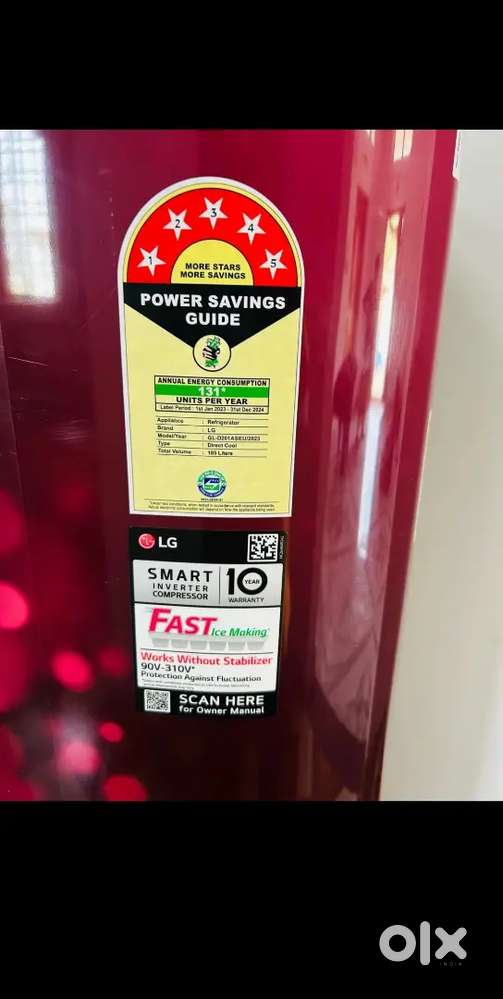LG 186 liter 5 star fast cooling auto stabilizer fridge.