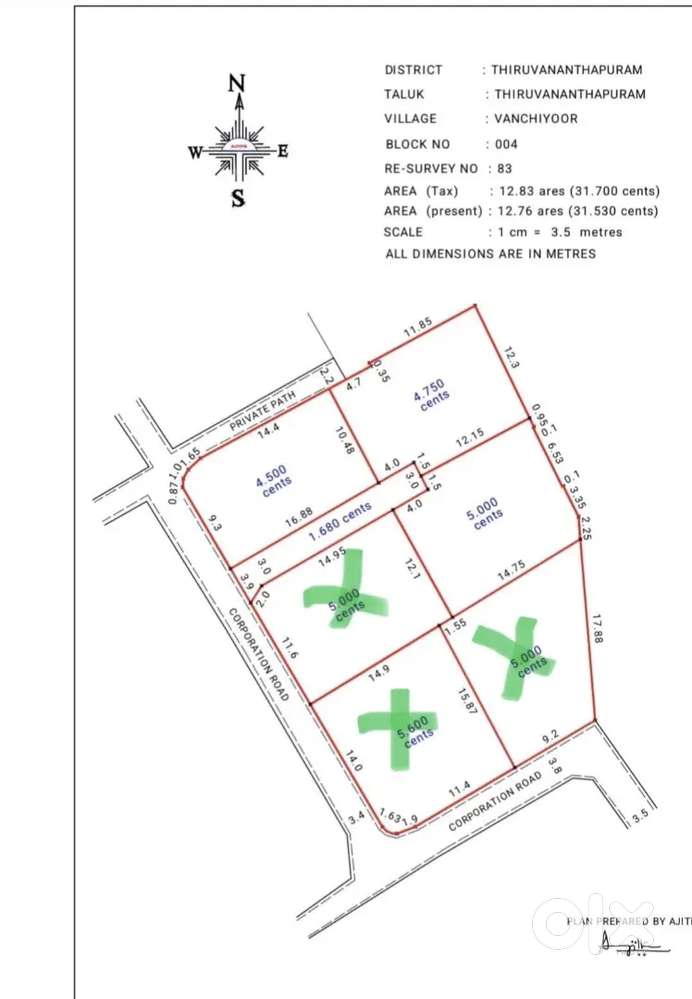 Pettha pallimukku jn 50 meter 4.5 cent. 4.750 cent plot for sale