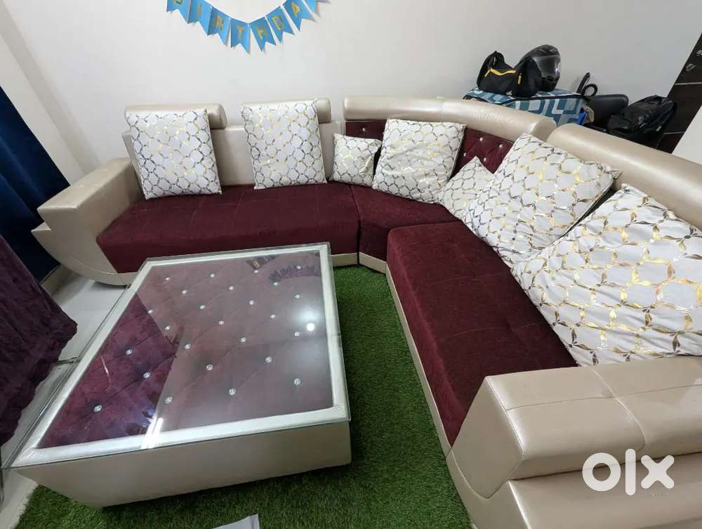 L Shaped Sofa - 7 Seater (3+2+1+1, Center Table Glass Top)