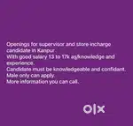 Supervisor and store keeper openings in kanpur