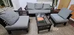 Solid Wood Sofa Set with Glass-Top Centre Table