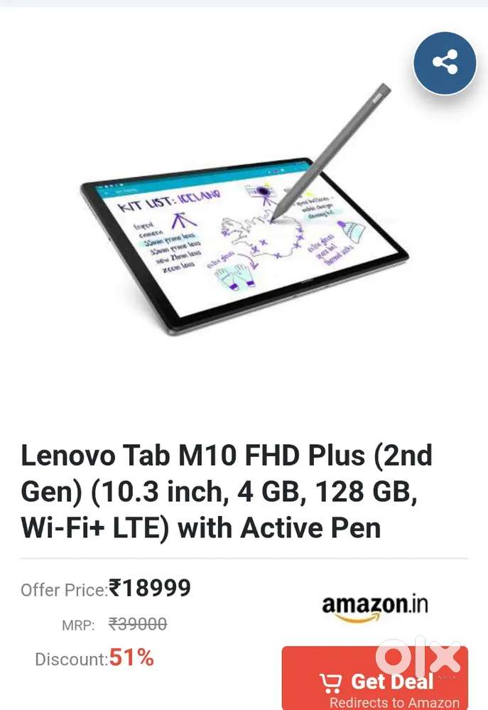 Lenovo Tab M10 FHD Plus (2nd Gen)(10.3 inch, 4 GB, 128 GB, Wi-Fi+ LTE)