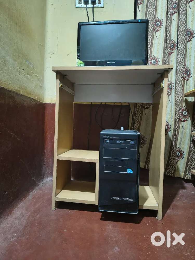 Samsung desktop monitor, keyboard wifi dongle and computer table.