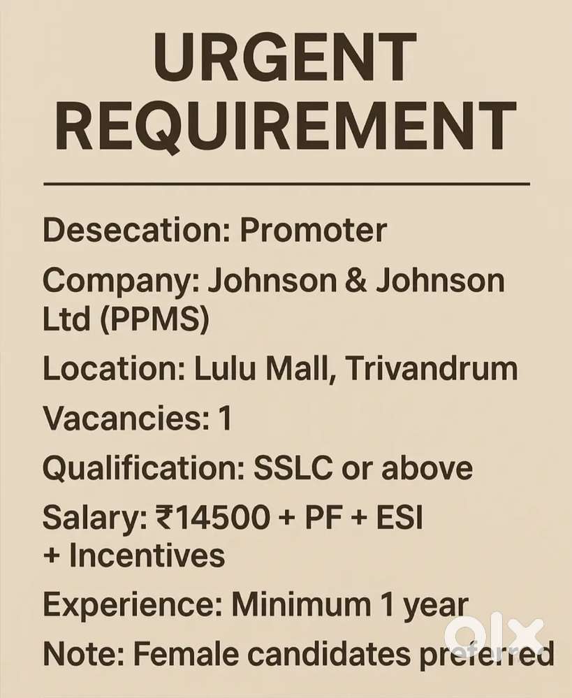 URGENT REQUIREMENT PROMOTER LULU MALL TRIVANDRUM