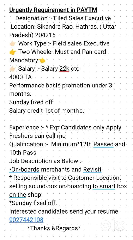 Sales executive in paytm services limited